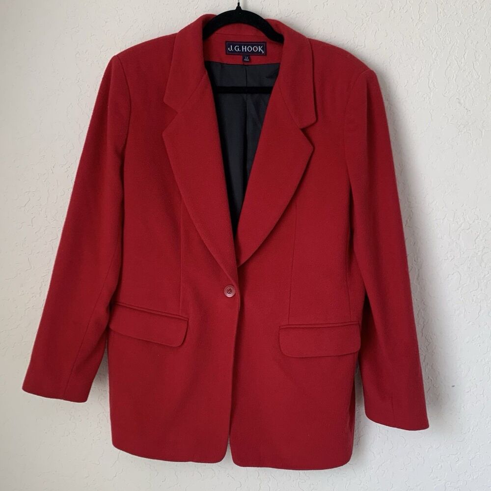 JG Hook Blazer Jacket Women 14 Red Wool Cashmere‎ Holiday Christmas Glam VTG